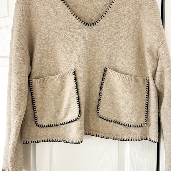 Christian Lacroix Tan Knit Sweater XS V-Neck Contrast Trim Pocket Detail Cozy - Picture 4 of 6